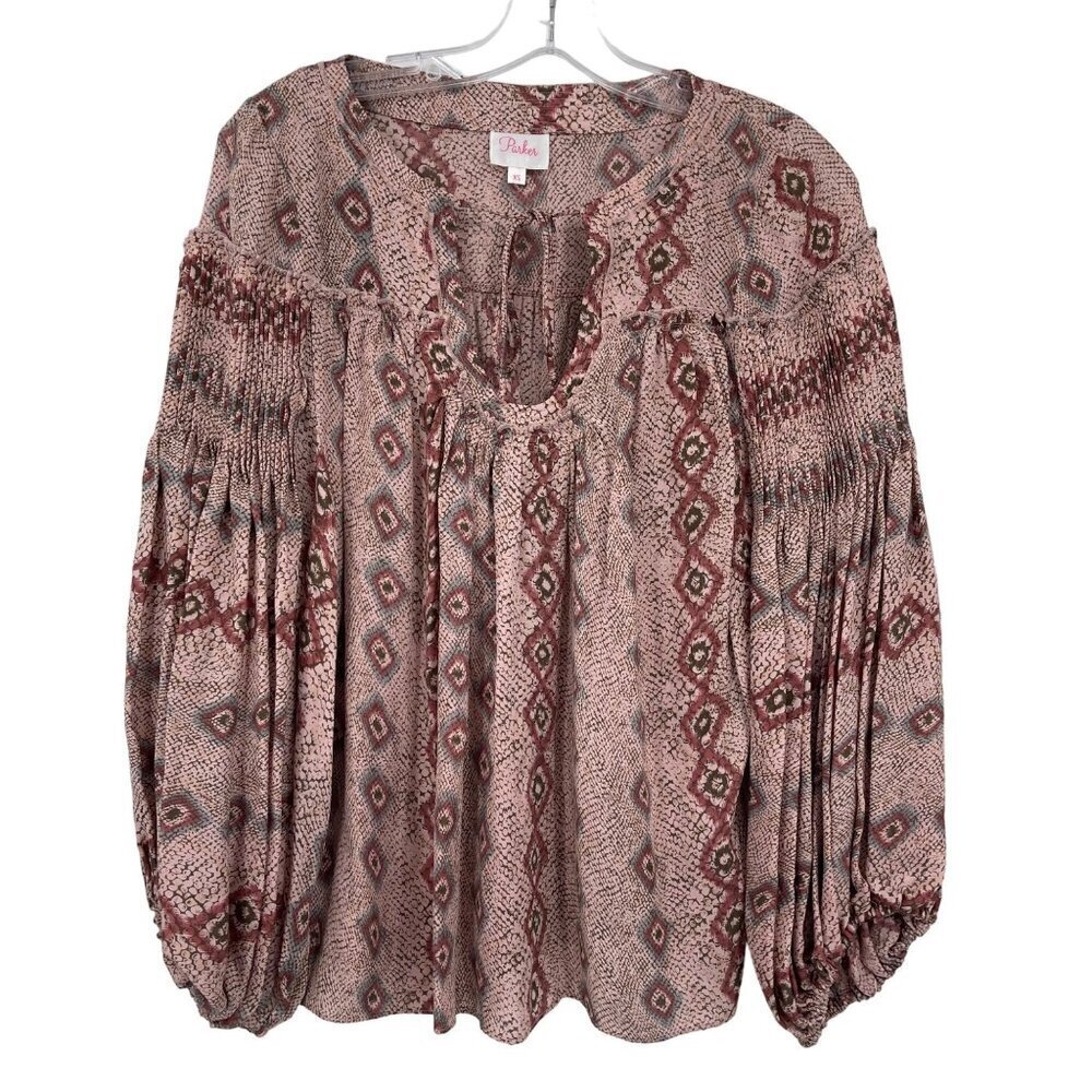 Parker‎ 100% Silk Pleated Balloon Sleeve Peasant Blouse Women's XS Snakeskin